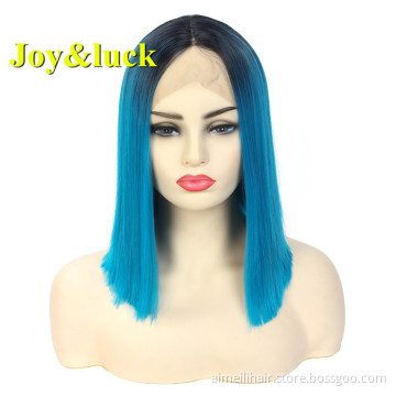 Wholesale Wigs for Women Mid-length Natural Short Bob Cut Wig Black Ombre Blue Ladies Lace Front Wig Synthetic Straight Hair